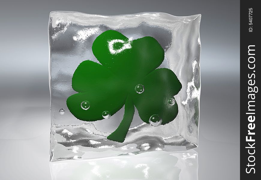 Clover leaf frozen in ice cube - rendered in 3d. Clover leaf frozen in ice cube - rendered in 3d