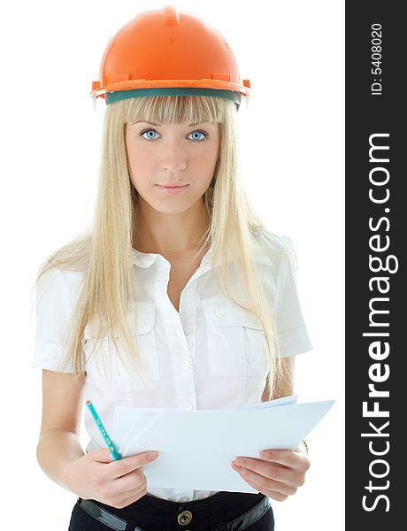 Architect woman in helmet with document paper on white background. Architect woman in helmet with document paper on white background