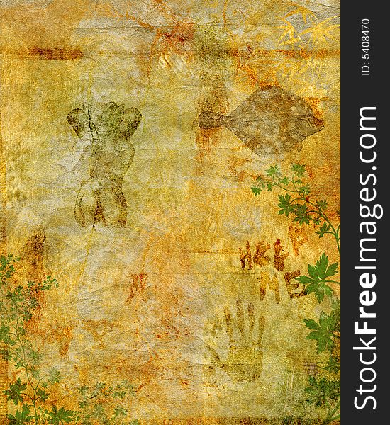 Grunge background with floral, stains,
splatter
