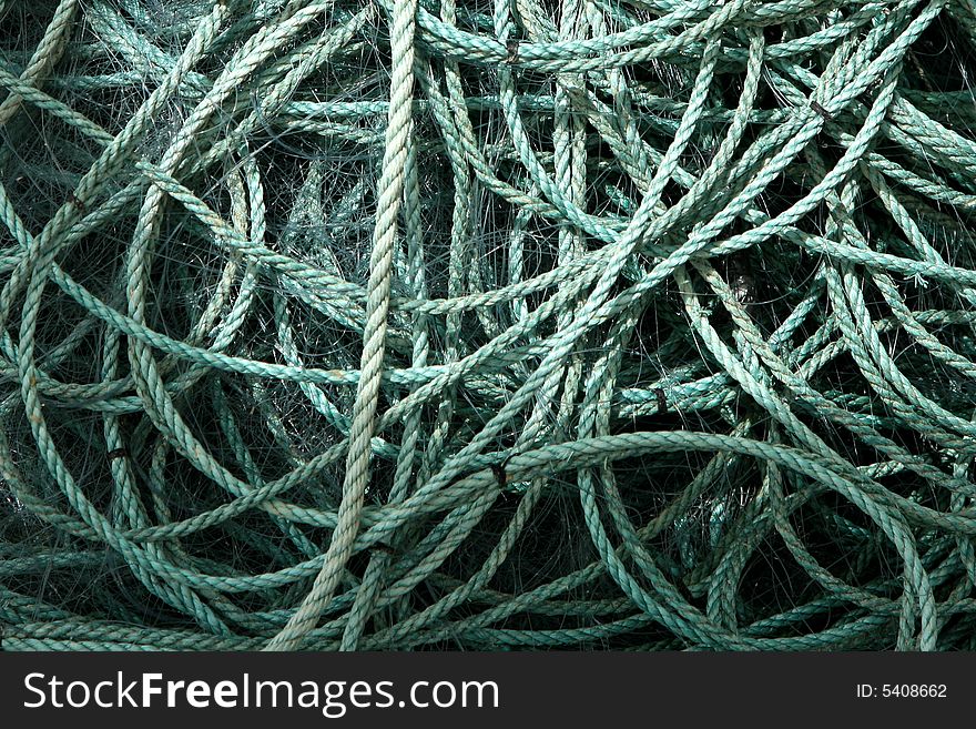 Coiled rope detail on the deck of a fishing ship in Japan