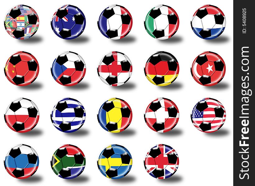 Illustration of a football ball with different countries flags inside. Illustration of a football ball with different countries flags inside