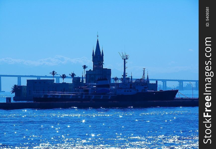 Cargo ship in front of a castle - Rio de Janeiro. Cargo ship in front of a castle - Rio de Janeiro