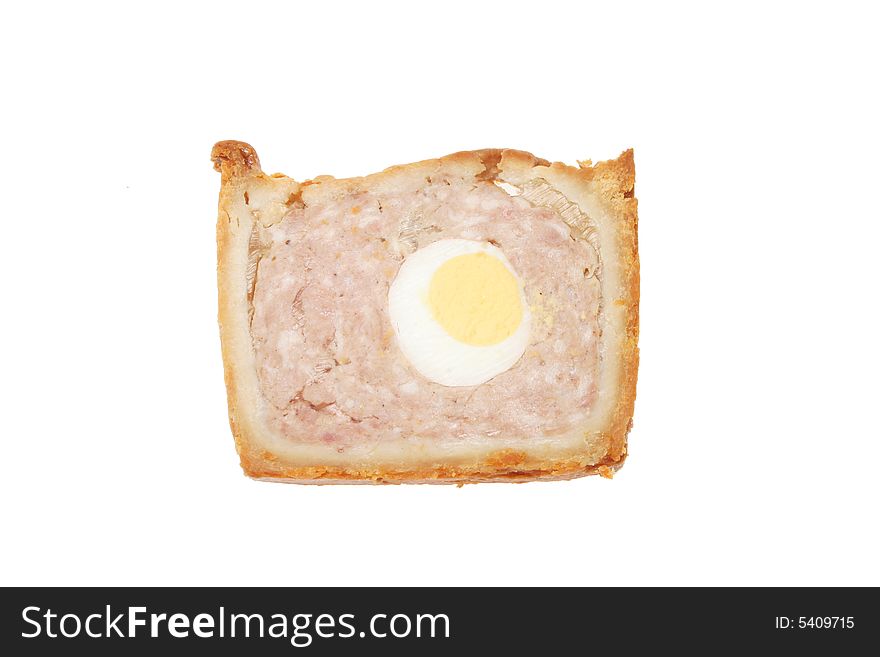 Gala pork pie with egg isolated on white. Gala pork pie with egg isolated on white