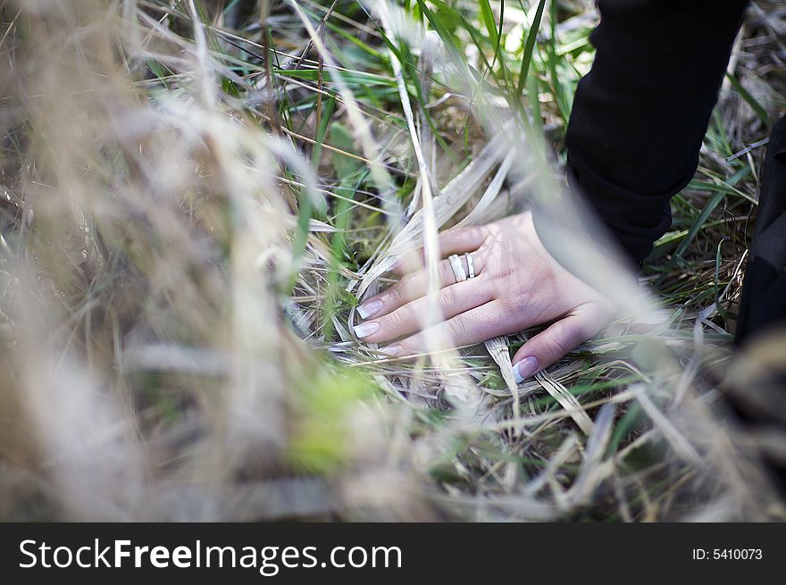 Girl hand touching grass in summer evening.