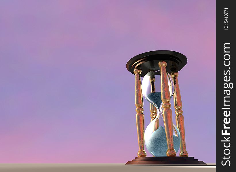 3d Illustration of hourglass over sunset sky background