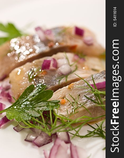 Macro picture of fillet herring with vegetables