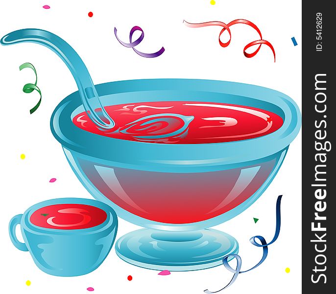 Illustration of a party punch bowl and confetti