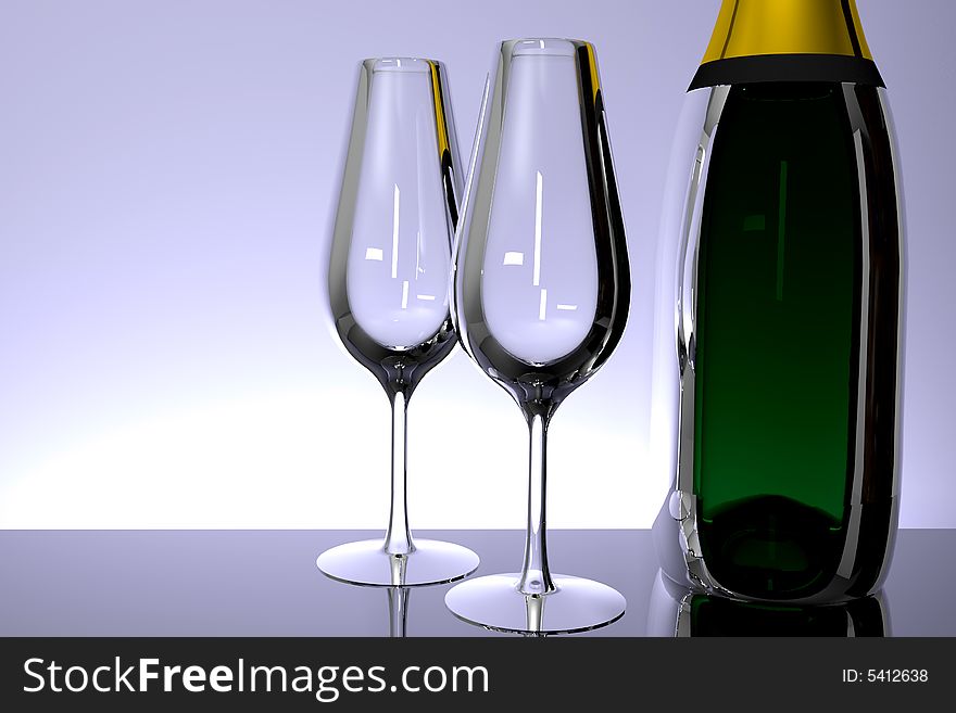 Two glasses with a bottle of champagne