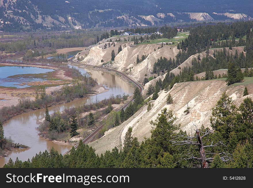 S shape river and valley in kootenay national park, british columbia, canada