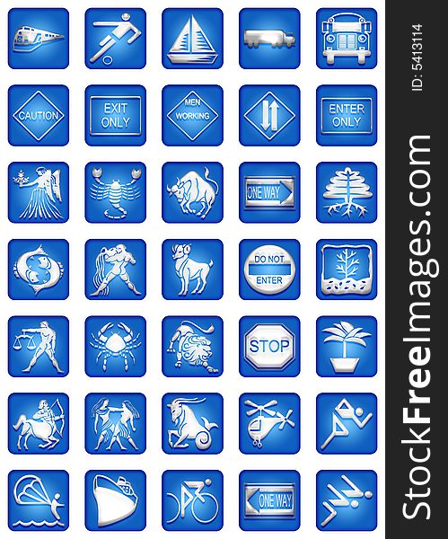 Group of different square icons for web in blue and white tones. Group of different square icons for web in blue and white tones