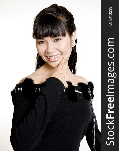 Asian woman against white background