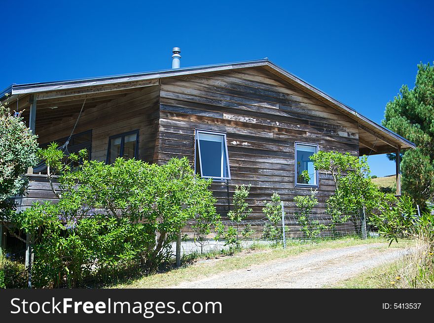 Beach house with deep blue sky