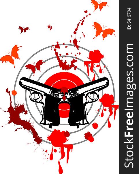 Vector illustration for twin gun on target with blood splash and become butterfly.