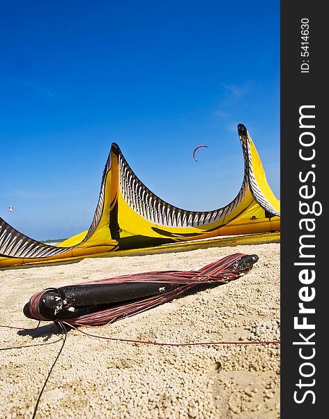 Close up image of a surf kite with another in the background in the sky. Close up image of a surf kite with another in the background in the sky