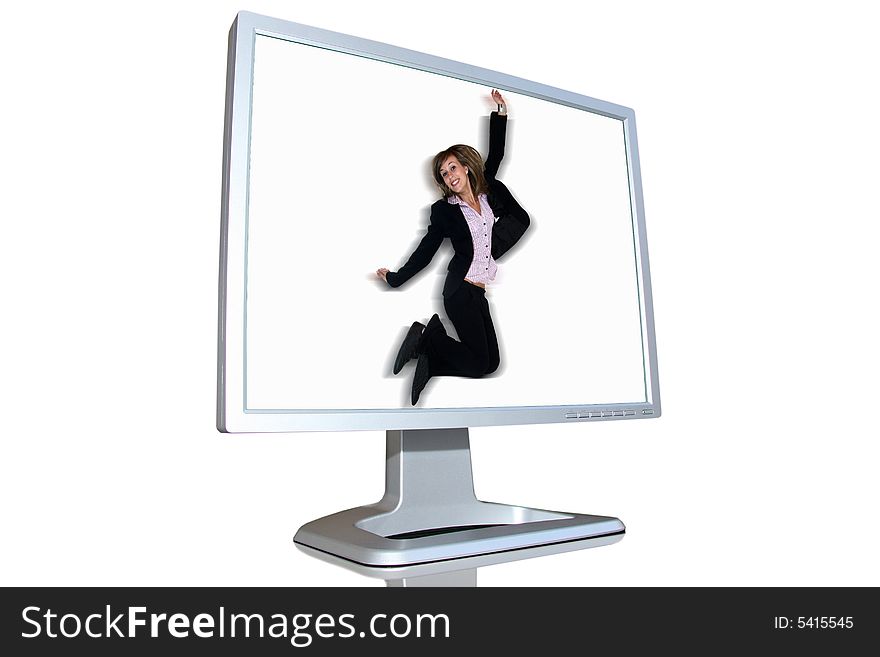 Businesswoman jumping on the lcd monitor