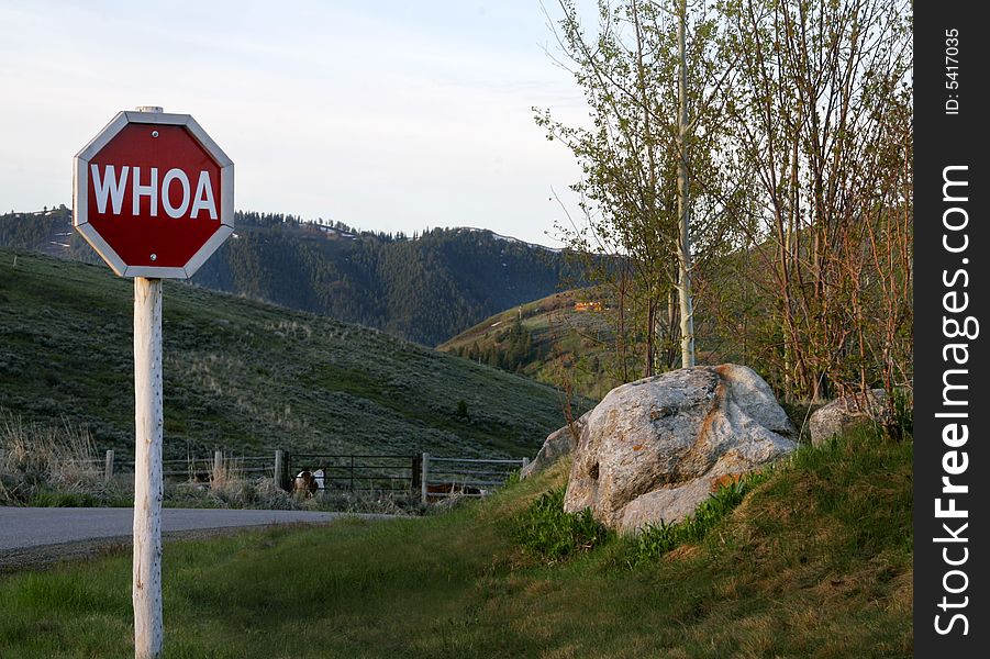 Western version of a stop sign.  Whoa is a command given to horses to stop. Western version of a stop sign.  Whoa is a command given to horses to stop.