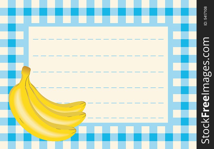 Vector card with three bananas on the blue chequered table-cloth background. Vector card with three bananas on the blue chequered table-cloth background