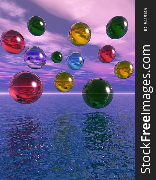 Rising water balls - digital artwork.