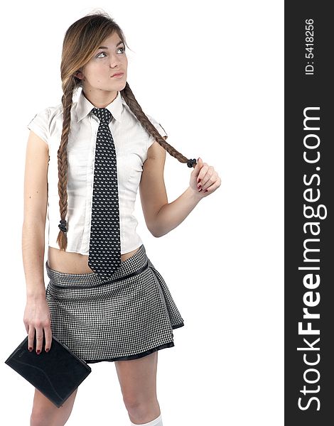 Student girl with long hair and black-and-white miniskirt