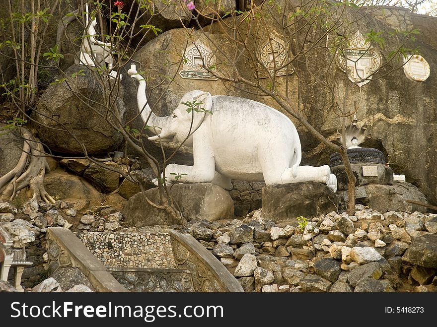 A stone fresco depicting an elephant in a temple in Thailand. A stone fresco depicting an elephant in a temple in Thailand