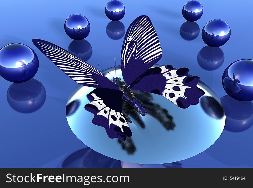 Butterfly and blue balls executed in 3D