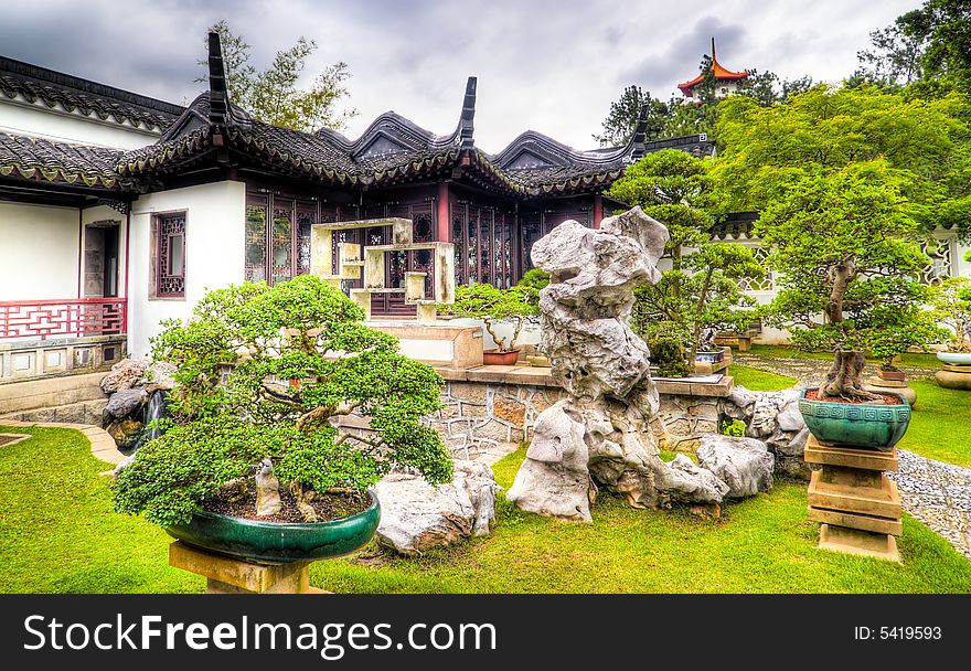 A traditional bonsai garden courtyard