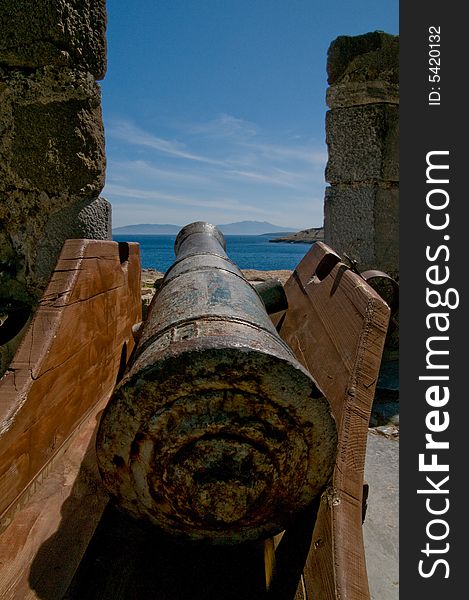 Cannon on Bodrum's Castle in Turkey facing ocean