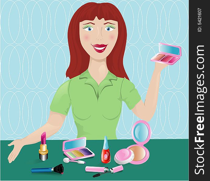 Illustration of a cosmetic salesperson with various makeup. Illustration of a cosmetic salesperson with various makeup