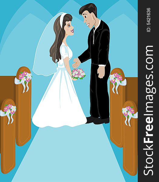 Illustration of a bride and groom in church