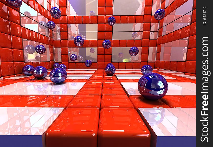 3d abstract background red an white. squares and blue spheres  .three dimensional shape. 3d abstract background red an white. squares and blue spheres  .three dimensional shape