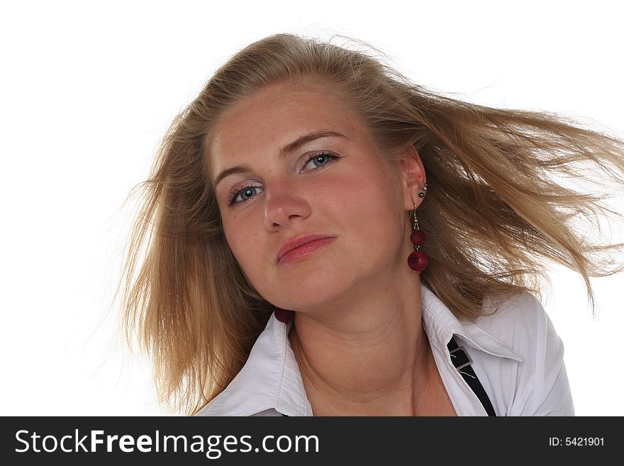 Portrait of young blond woman isolated on white background