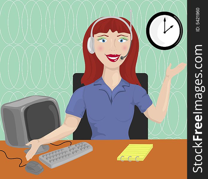 Illustration of a female with a headset at a desk. Illustration of a female with a headset at a desk