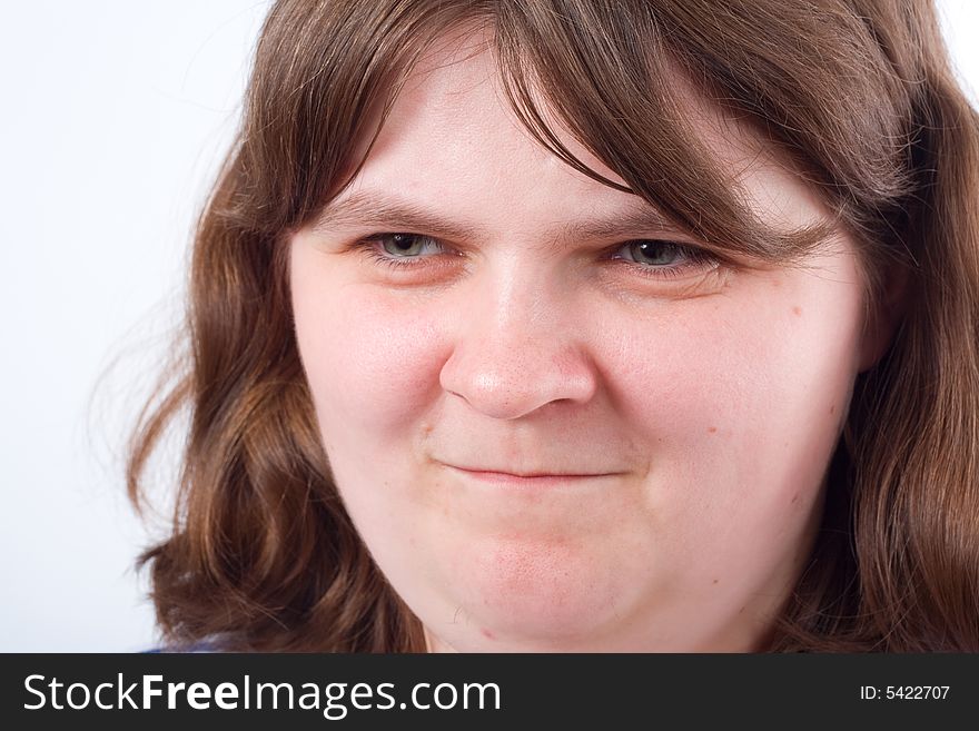 Young woman portrait, obese, photo on the white background