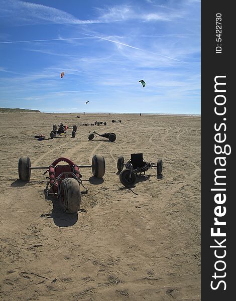 Beach Scene with Kites and Buggies on english beach