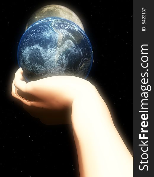 A conceptual religious image showing god protecting and holding the world in his hand. A conceptual religious image showing god protecting and holding the world in his hand.