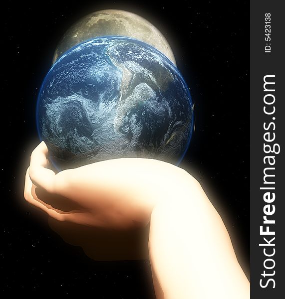 A conceptual religious image showing god protecting and holding the world in his hand. A conceptual religious image showing god protecting and holding the world in his hand.