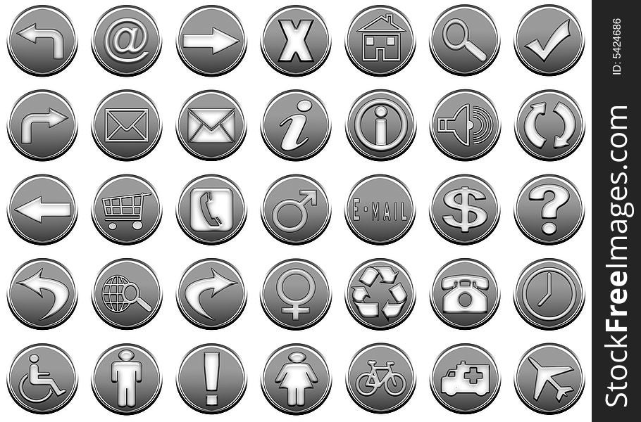 Illustration of circles with  symbols as icons for web in gray bright colors. Illustration of circles with  symbols as icons for web in gray bright colors