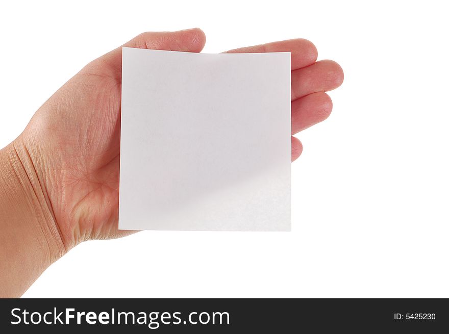 Hand holding paper on white background. Hand holding paper on white background