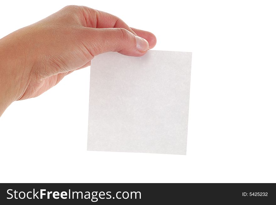 Hand holding paper on white background. Hand holding paper on white background