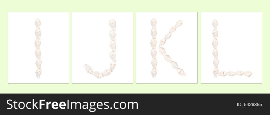 Seashell letters on white background, letter I,J,K,L. Seashell letters on white background, letter I,J,K,L