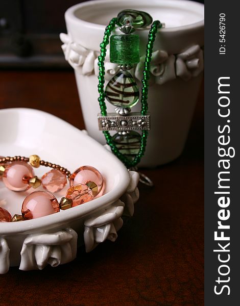 Beaded Jewelery set in ceramic pot and dish set