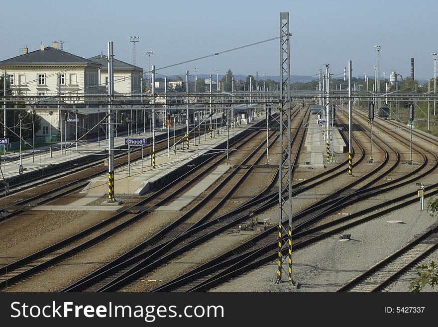 Railway station with buildings and platforms