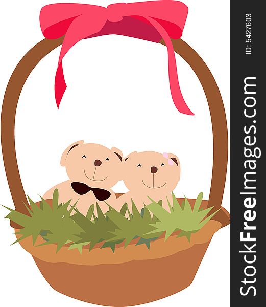 Teddy Bear in Basket on White Background