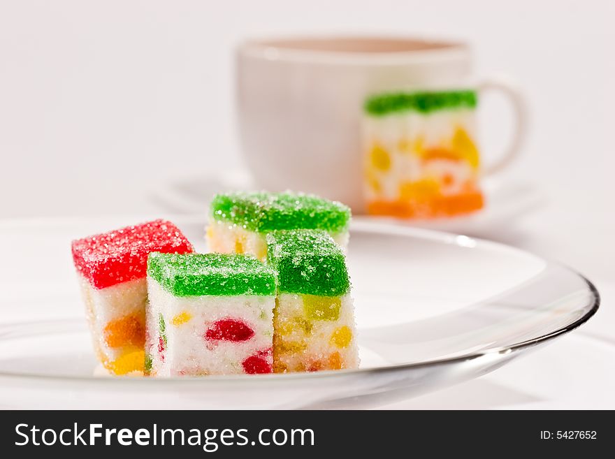 Macro picture of Slices fruit jelly with sugar