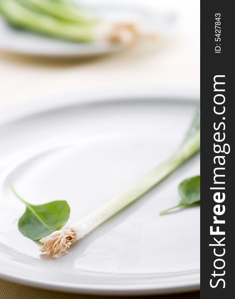 High key green onion on a plate with shallow focus