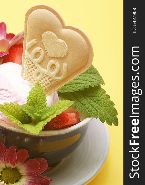 Delicious ice cream with strawberries for hot summer. Delicious ice cream with strawberries for hot summer