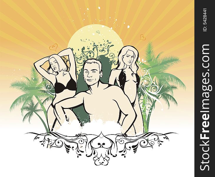 Illustration lad with girls, with sun, the palm and pattern