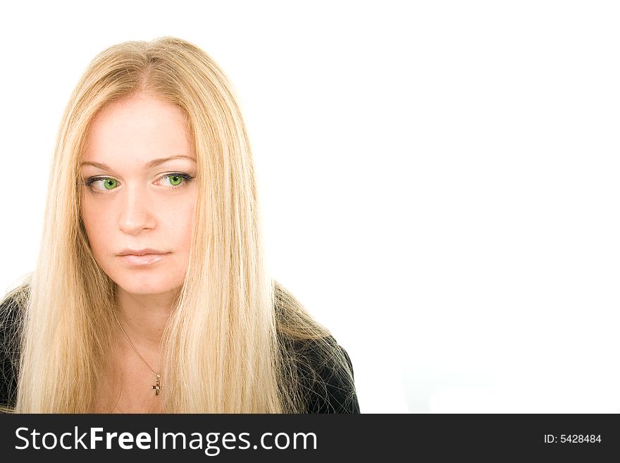 Portrait of pretty green-eyed blonde in black on white background