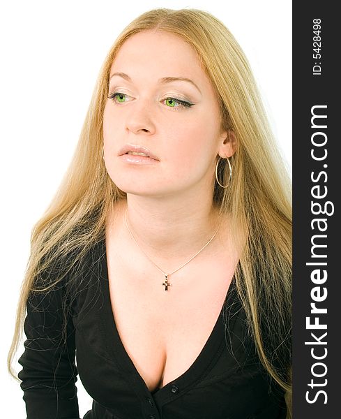 Portrait of pretty green-eyed blonde in black on white background