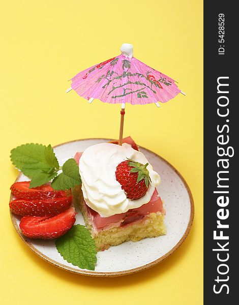 A slice of cake with strawberry for hot summer. A slice of cake with strawberry for hot summer